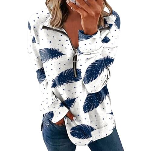 Zipper Feather Print Womens Fashion Blouses Casual Lapel Long Sleeve Ladies T-Shirt Casual Loose Funny Vintage Street Lady Tops