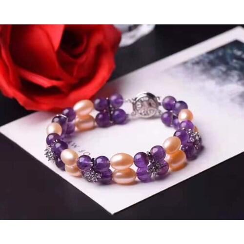 Handmade micro inlay zircon accessory natural 8-9mm pink rice freshwater pearl amethyst bracelet long 20cm