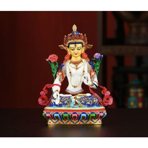 Buddhism high grade good Nepal Color drawing white Tara Guanyin Buddha copper buddha statue HOME Temple efficacious Protection
