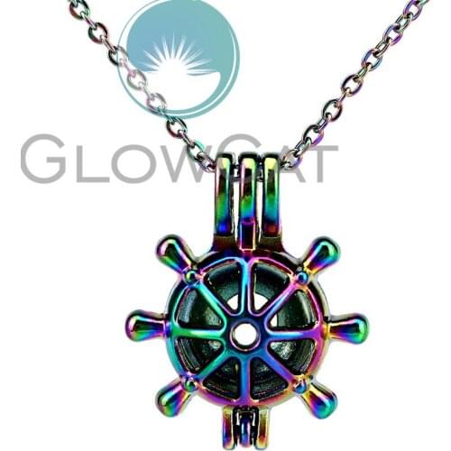 CC568 Rainbow Colors Rudder Helm Stone Beads Cage Pendant Essential Oil Diffuser Aromatherapy Pearl Cage Locket Necklace