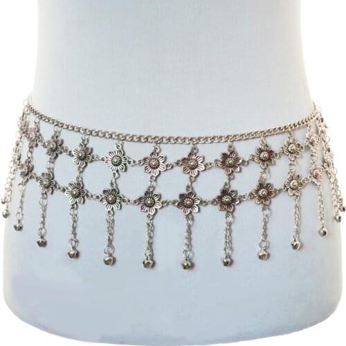 India Sexy Metal Hollow Flower Bells Tassel Body Chain Dancing Harness Body Belly Belt Waist Chain Turkish Gypsy Jewelry