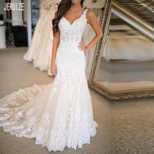 JIERUIZE Elegant Long Mermaid Wedding Dresses V Neck Sleeveless Lace Appliques Wedding Gowns Lace Up Back Trumpet robe de mariee