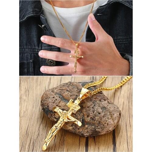 Classical Cross Religious Jesus Pendant Necklaces for Men Gold Color Titanium Stainless Steel Chain Fashion Jewelry Accessories