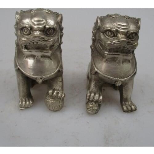 Collectible Decorated Old Handwork Tibet Silver Carved Fu Foo Dog Statue/Home Feng Shui Lion Sculpture