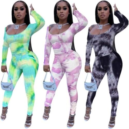 Imcute Tie Dyeing Print 2 Pieces Set Tracksuit Home Wear 2020 Long Sleeve O-neck T-shirt High Waist Long Pants Trousers Causal