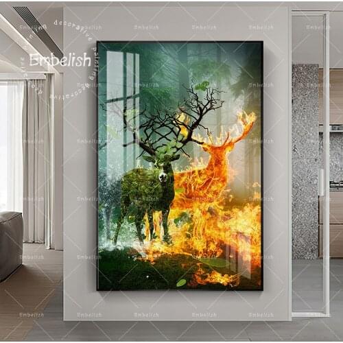 Embelish Cool Wall Art Animals Pictures For Living Room Green And Fire Deer Home Decor HD Canvas Oil Paintings Wall Art Posters