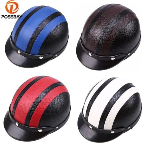 POSSBAY Motorcycle Goggles Scooter Half Leather Open Face Helmet or Visor UV Goggles Retro Vintage 54-60cm Cafe Racer Helmets