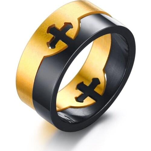 Men ring Black and gold color ring cross jewelry wide 10MM