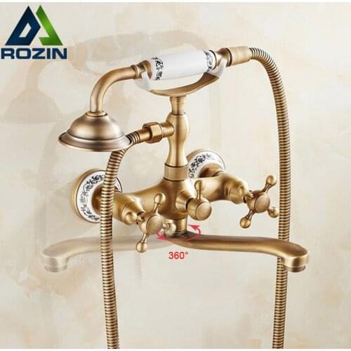 Wall Mounted Long Nose Bathtub Faucet Antique Brass Tub Sink Faucet Telephone Style Bathroom Bath Shower Set with Handshower