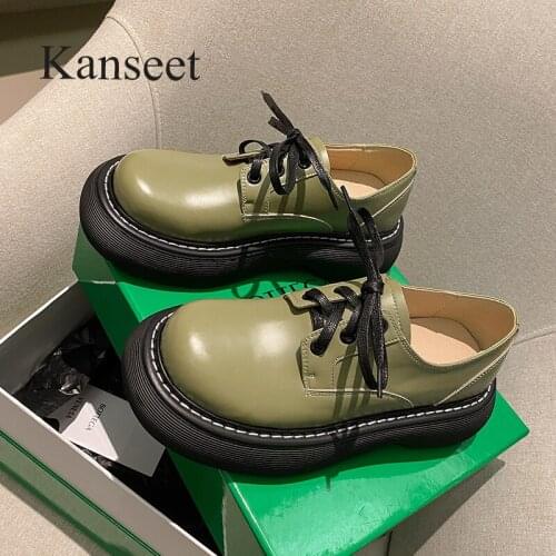 Kanseet 2021 New Women Pumps Spring Autumn Black Green Genuine Leather Round Toe Lace-up Handmade High Quality Thick Heels Shoes