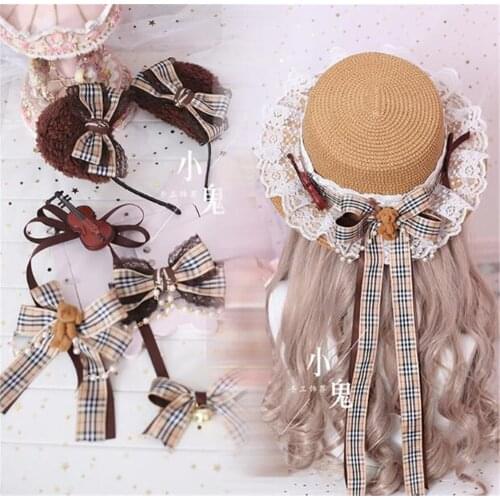 Mori Girl violin bear Beach Sun Hat Flat-top Cap girl Lolita Kawaii Princess Lace Bow Ribbon Straw Hat Headwear Gift B523