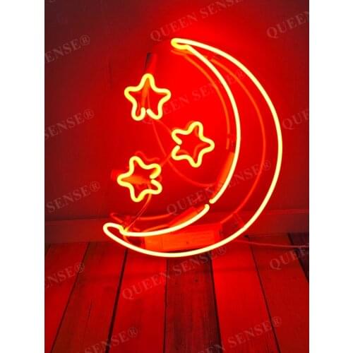 Custom Moon Stars Red Acrylic Neon Light Lamp Sign Beer Bar Handmade Real Glass Decorate Home Wall Room Decor Windows Artwork