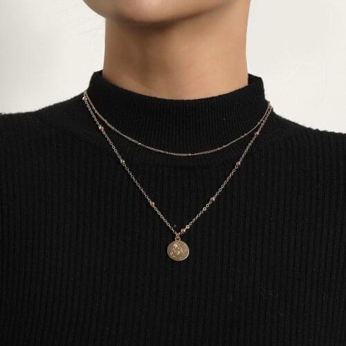 Simple Vintage Style Geometric Round Pendant Necklace Women Double Layer Beads Sweater Chains Clavicle Necklace Fashion Jewelry