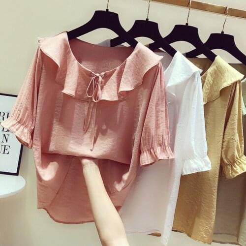 Cotton Hemp Girl Shirts Womens Summer Short Sleeve Round Collar Blouse Female New Loose Bowknot Ruffled Sweet Top Shirt H9095