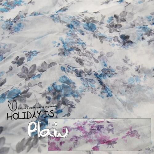 Silk Georgette Chiffon Fabric Dress Blue and Red Two-Color Floral Elegant Pleated Large Width DIY Patchwork Tissue