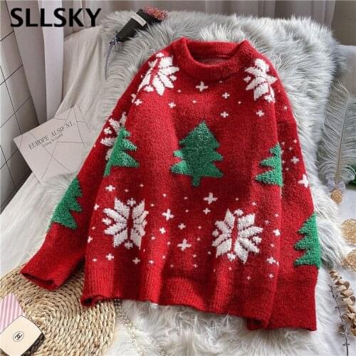 Sllsky Red Christmas Snowflake Pullover Sweater Women Winter New Thicken Casual Soft Loose Round Neck Long Sleeves Knitted Top