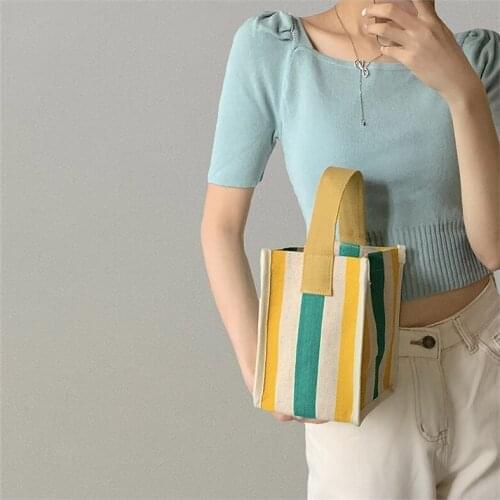 Women Mini Handbag Canvas Striped Bag Summer Beach Handbag Korean Style Female Little Bag Small Itme Storage Pouch Handbags