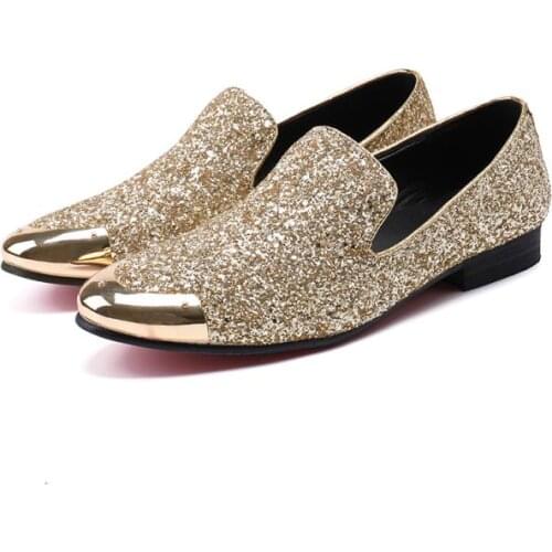 Mens Dress Shoes Glitter Gold Formal Genuine Leather Round Toe Shoes Men Italian Style Oxford Shoes Chaussure Homme Cuir