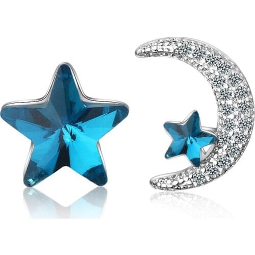 WANGAIYAO small fresh blue star moon asymmetrical earrings woman made crystal ear jewelry