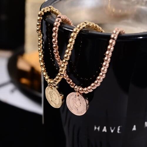 YUN RUO New Arrival Fashion Vintage Coin Stretch Bracelet Woman Birthday Gift Rose Gold Color Titainum Steel Jewelry Never Fade