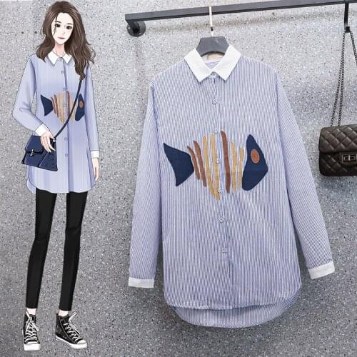 Striped Embroidered Long Sleeved Plus Large Size Oversize Korean Style Fashion WomenS Clothing 2021 Casual High Waist Shirts