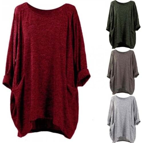 Long Women 2020 Spring Casual Loose Solid Pullover Round Neck Full Batwing Sleeve Pockets Tops Plus Size 4XL