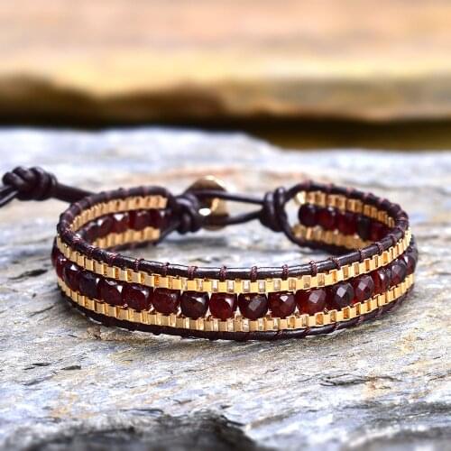 New Natural Garnet with Gold Chain Braided Charm Bracelets for Women Bohemian Female Beaded Bracelet Handmade Jewelry Dropship