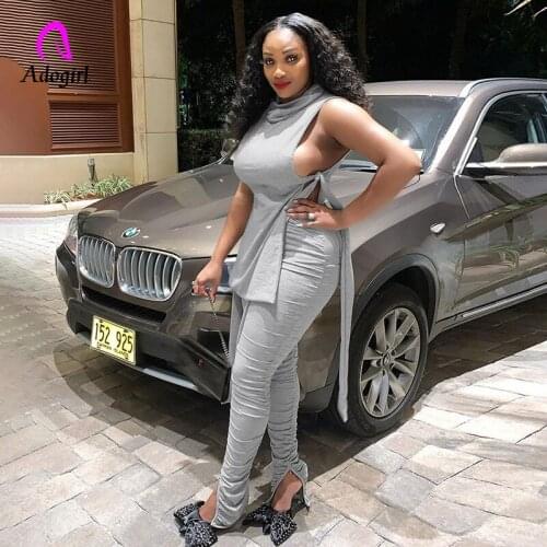 Casual Women 2 Pieces Set Sleeveless Turtleneck Tank Tops+stacked Leggings Matching Set Bandage Solid Bell Bottom 2 Pcs Outfits