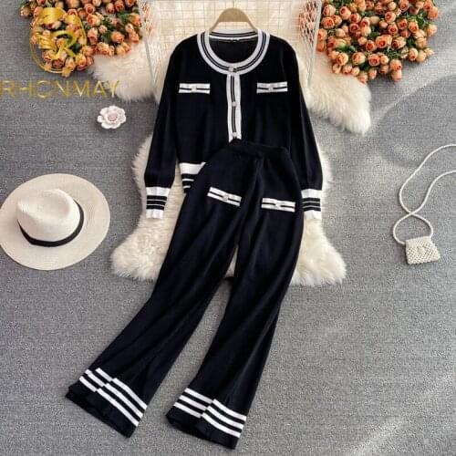 New Autumn Contrast Color Womens Suit Knitted O-neck Long Sleeve Sweater Tops + Wide Leg Pants Temperament 2 Piece Set Women