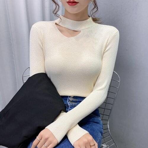 2021 New Hollow Out High Neck Autumn Elastic Women Female Pullover Slim Long Sleeve Sweater Jumper Lady Base Knitwear Ropa Mujer