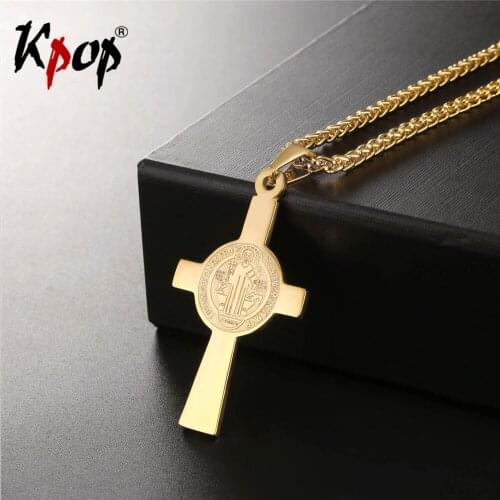 Kpop Catholicism Saint Benedict Cross Charm Pendant Necklace Gold/Steel Color Stainless Steel Pendant With Chain Necklace P2518