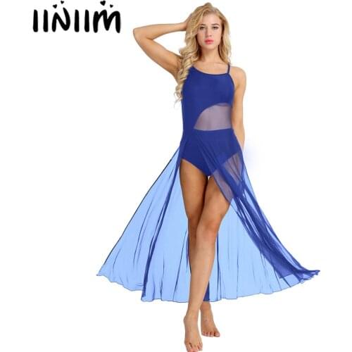 Iiniim Women Adult Spaghetti Strap Asymmetrical Ballerina Dancing Dress Maxi Dancewear with Built-In Gymnastics Leotard Costumes