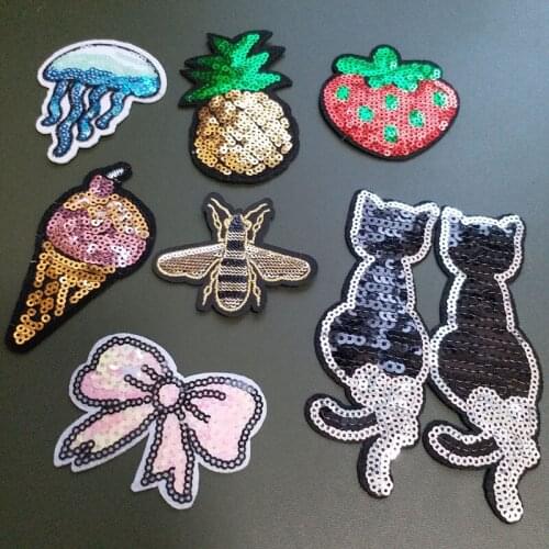 1pc Bowknot cat strawberry sequins iron on patches for clothing DIY Sew on sequin patch embroidery applique parche ropa