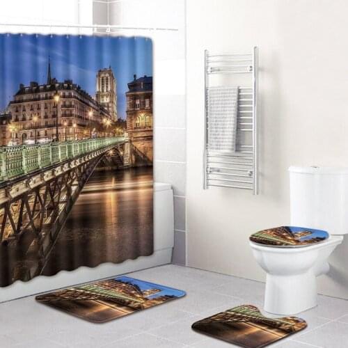 180X180cm Shower Curtain Bath Mat Notre Dame de Paris Scenery Bathroom Waterproof with 12 Hooks Toilet Cover Bath Mat Set