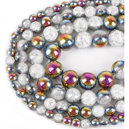 6/8/10/12mm One Side Plated Rainbow White Snow Cracked Crystal Natural Stone Beads For DIY Bracelet Necklace Jewelry Making