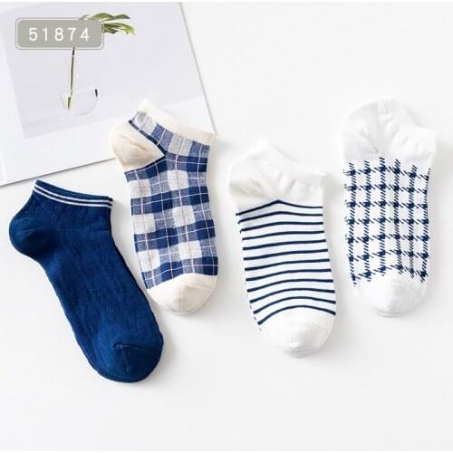 Caramella 4Pairs/Lot 2019 Hot Sale Summer Casual Women Socks New Ankle Socks Fashion Design Plaid Navy Blue Grid Cotton Socks