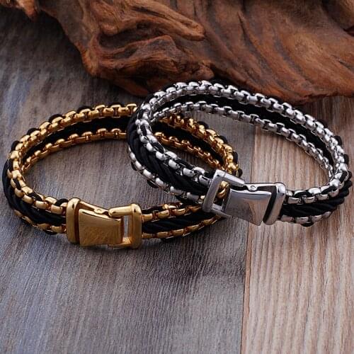 GNAYY Black Genuine Leather Bracelet Charm Wristband Mens Stainless Steel Gold rolo chain bangle for unisexs 8.66