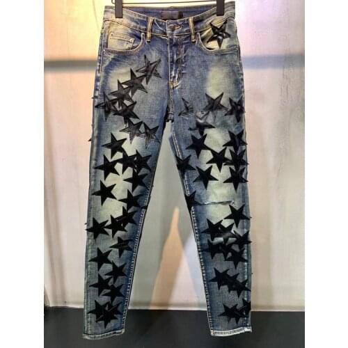 Hip Hop Jeans Men High Street Luxury Brand New Leather Star Patch Embroidery Stretch Slim Fit Jeans Mens Summer Jeans Mens Jean