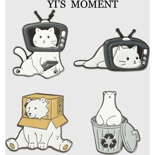 White cat and white bear Metal Enamel Pins and Brooches for Women Men Lapel Pin Backpack Bags Hat Badge