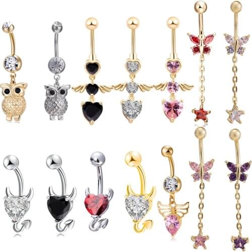 Butterfly Belly Button Ring Cute Surgical Steel Demon Ombligo Pircing Ring Sexy Wing Navel Piercing Dangle Jewelry Owl Chain