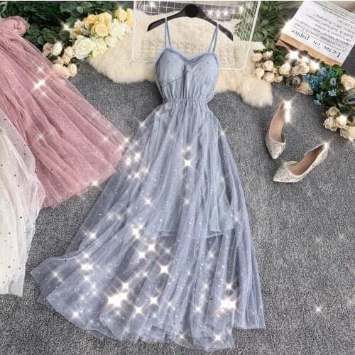 Summer Bling Stars Sequin Dress Women Vintage Sexy Mesh Dresses Vestidos Mujer Ladies Spaghetti Strap Party Tulle Dress RV798