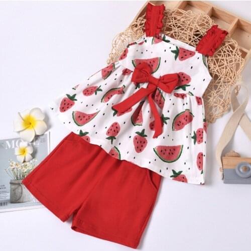 2 Pcs Infant Summer Outfits, Baby Girl Watermelon/Flower Ruffle Strap Square Collar Bowknot Tank Top + Shorts with Pockets 2021