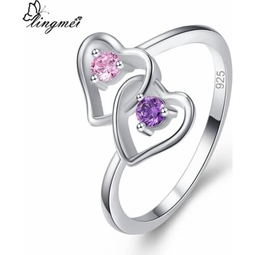 Lingmei New Mysterious Pink Purple CZ Rinf Size 6 7 8 9 Heart Link to Heart For Women/men Wedding Jewelry Wholesale Anniversary