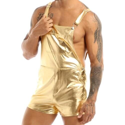 Men Jumpsuit Clubwear Halloween Costume Shiny Metallic Wide Shoulder Straps Bib Overall Suspender Shorts Festival Fancy Dress