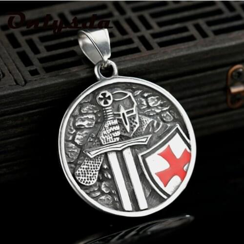 Onlysda Mens Pendant Stainless Steel Cross Red Armor Shield Knight Templar Crusader Cross Necklace Punk Jewelry Lucky Anel