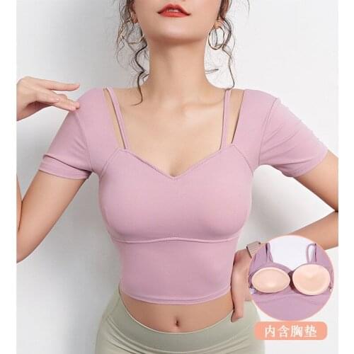 Yoga Shirts Women Vest Crop Top Quick Dry Solid Short Sleeve Bandage Summer Sports Fitness Gym Workout Sportswear Chest Pad