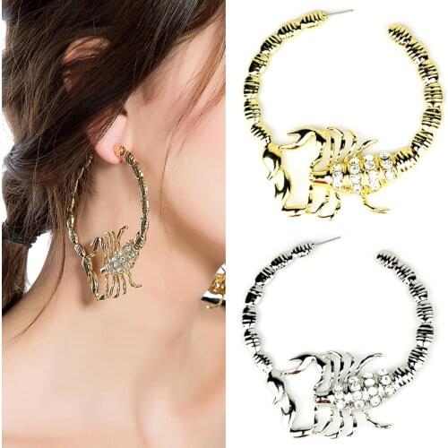 Most Popular Lady Jewelry Accessories 2 Colors Alloy Scorpion Shape Rhinestone Stainless Steel Hoop Earrings for Women 2021