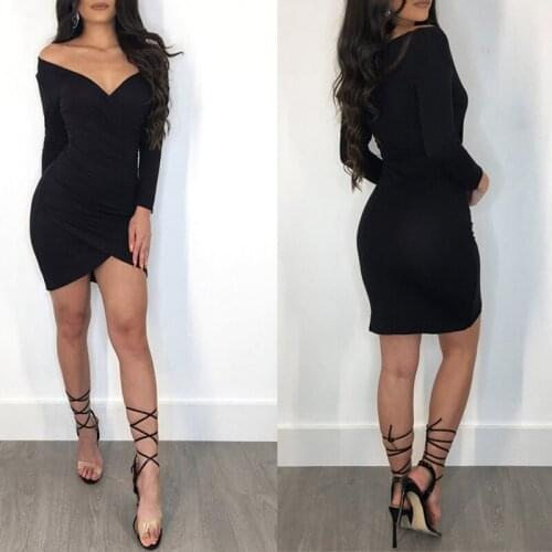 Sexy Off Shoulder Deep V-Neck Bodycon Dress Women Bandage Mini Dress New Fashion Long Sleeve Club Sheath Wrap Dresses