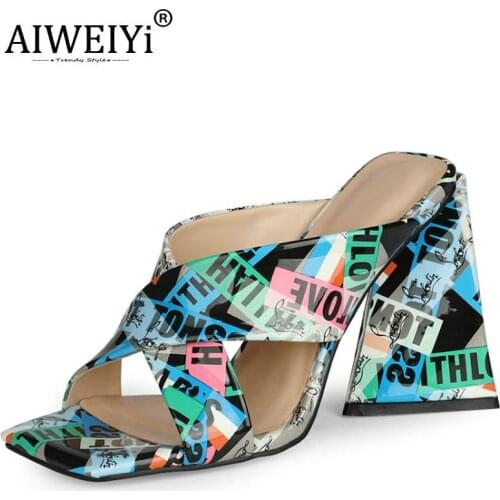 AIWEIYi Print High Heels Slippers Block Heel Summer Gladiator Sandals Open toe High Heeled Flip Flops Designer Slides