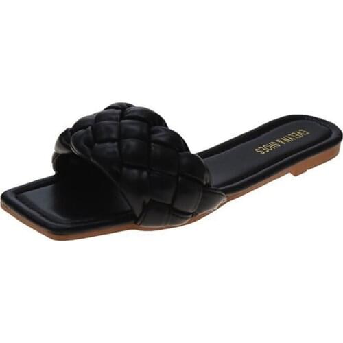 New Fashion Weave Slippers Women Square Toe Flat Casual Shoes Women Slide 2021 Summer Flip Flops Beach Sandal Knit Slippers
